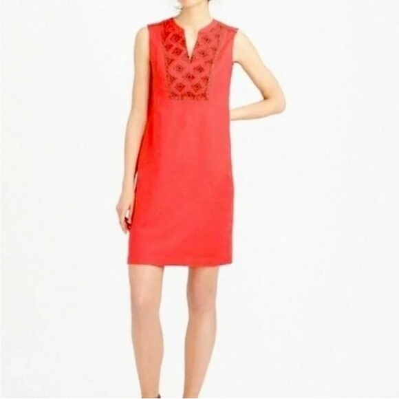 J.Crew Vibrant Coral Pink Red Embroidered Sleeveless Mini Dress Women’s Medium - Picture 1 of 6